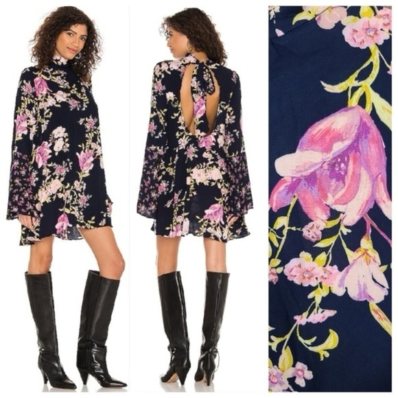 NWT Free People Tunic Open-back Floral Navy Mini Dress - XS - Picture 1 of 15